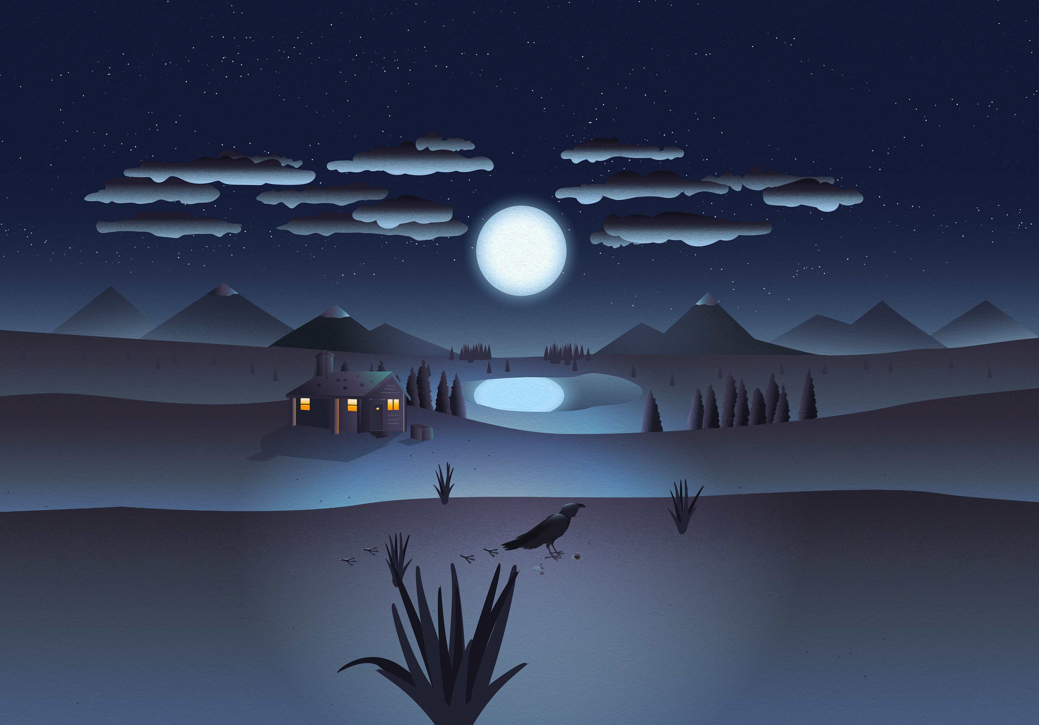 dark night illustration stars sky gradients vector trees raven mountains adobe illustrator